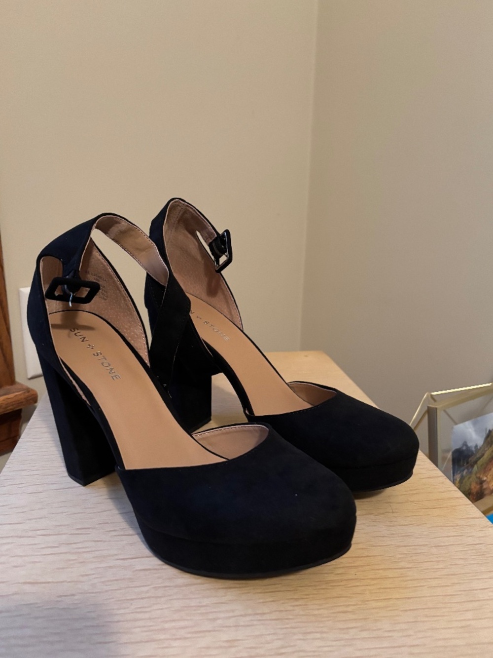 Sun + Stone platform suede heel